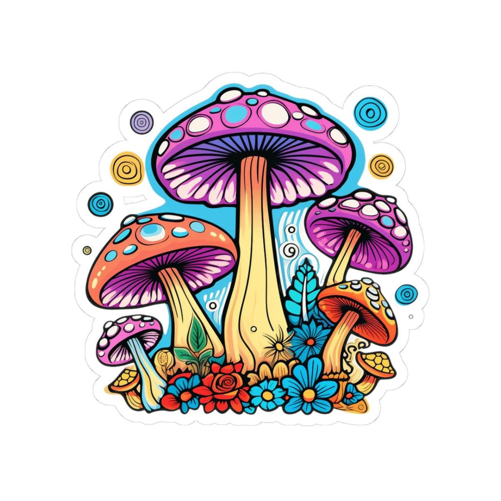 ColorFlow | Psychedelic Mushroom Garden Sticker | Trippy Fungi Vinyl Decal with Flowers | Boho Nature Art