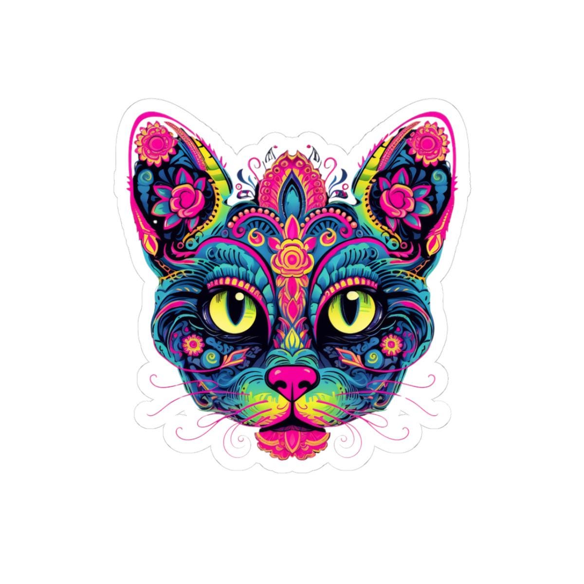 Psychedelic Cat Sticker Floral Boho Vinyl Decal for Wall Decor