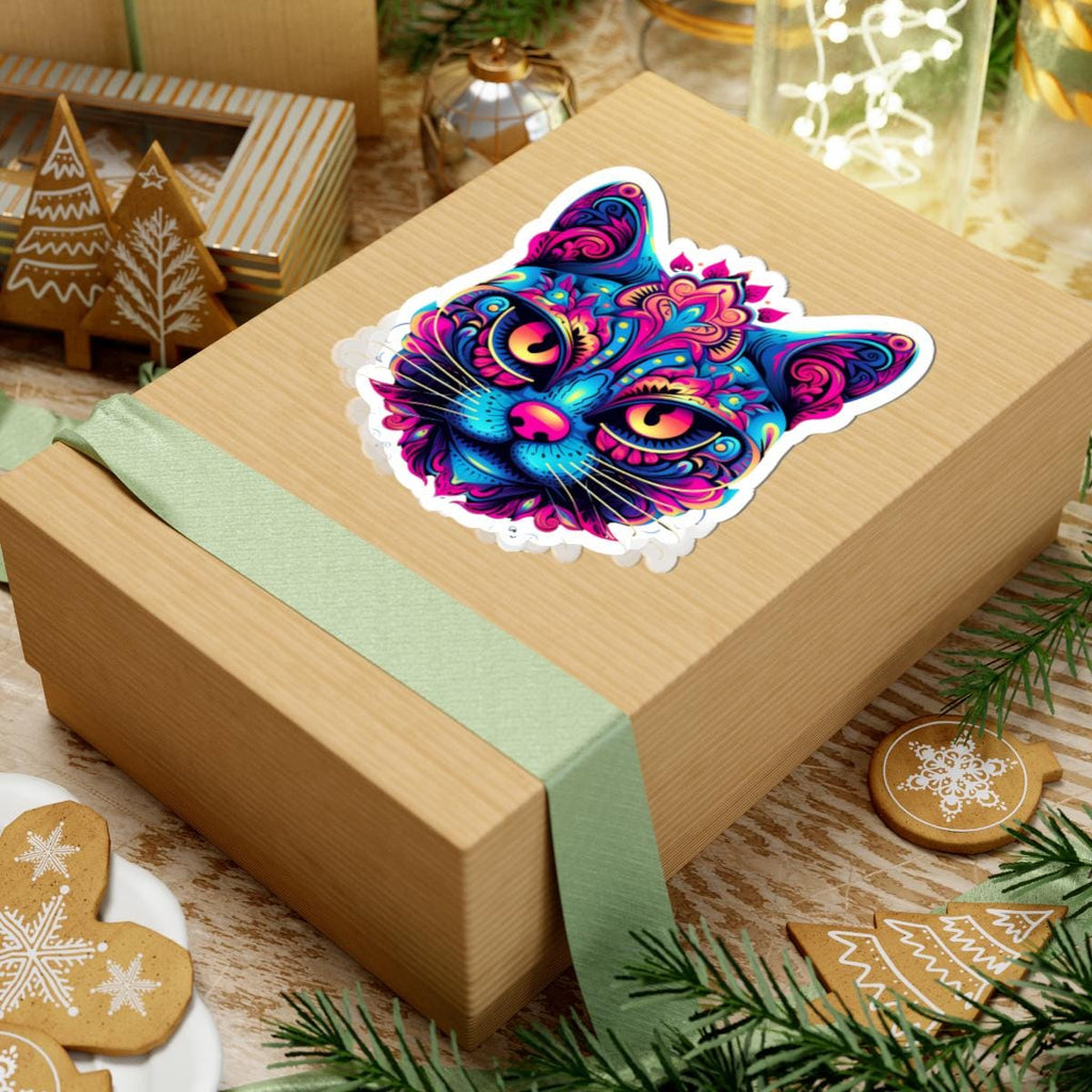 Psychedelic Cat Sticker Neon Rainbow Feline Art Boho Trippy Design