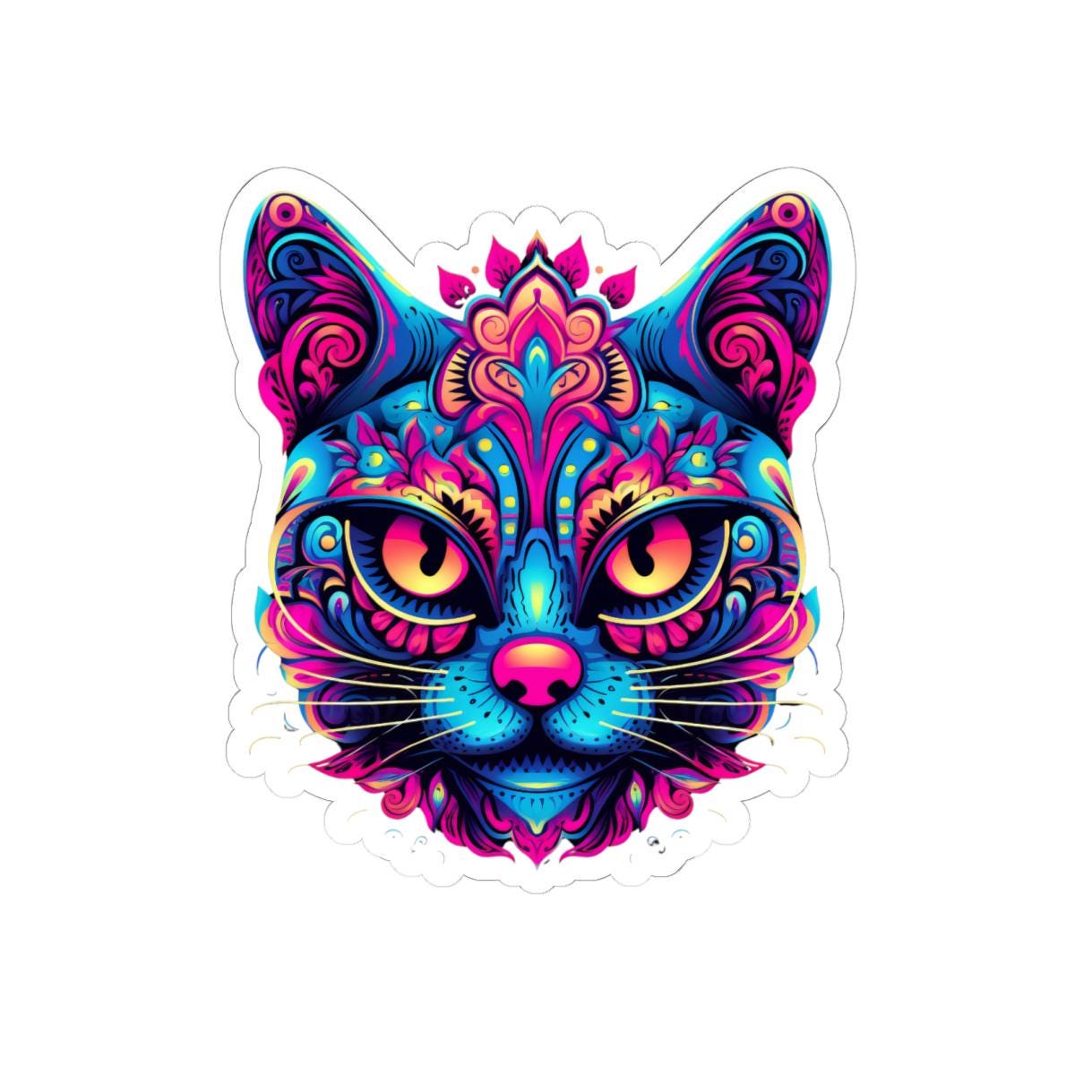 Psychedelic Cat Sticker Neon Rainbow Feline Art Boho Trippy Design
