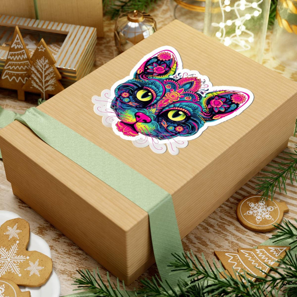 Psychedelic Cat Sticker Floral Boho Vinyl Decal for Wall Decor