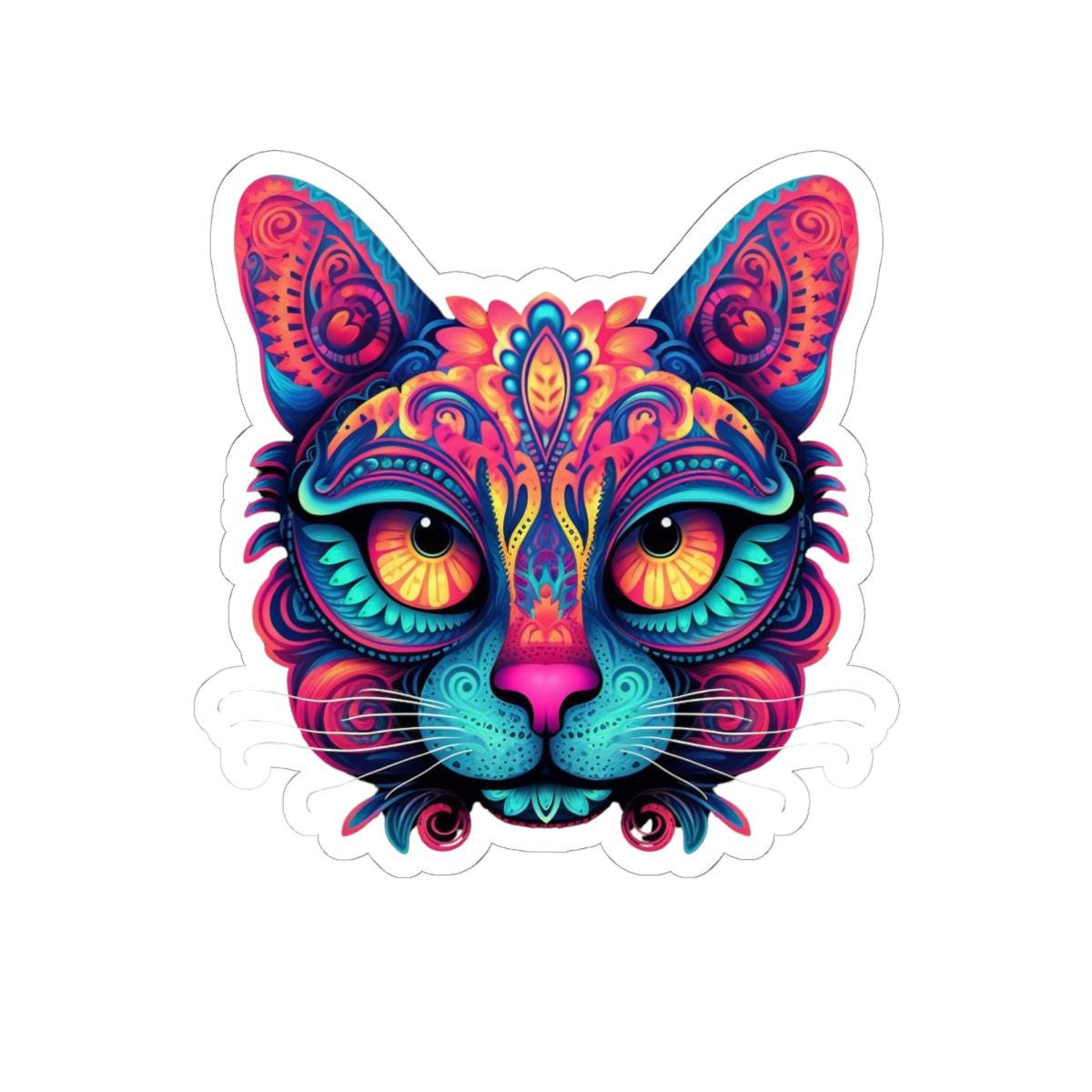 Trippy Cat Sticker Neon Floral Psychedelic Vinyl Decal