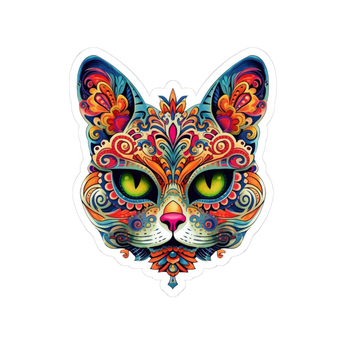 Psychedelic Mandala Cat Sticker Vibrant Floral Trippy Vinyl Decal