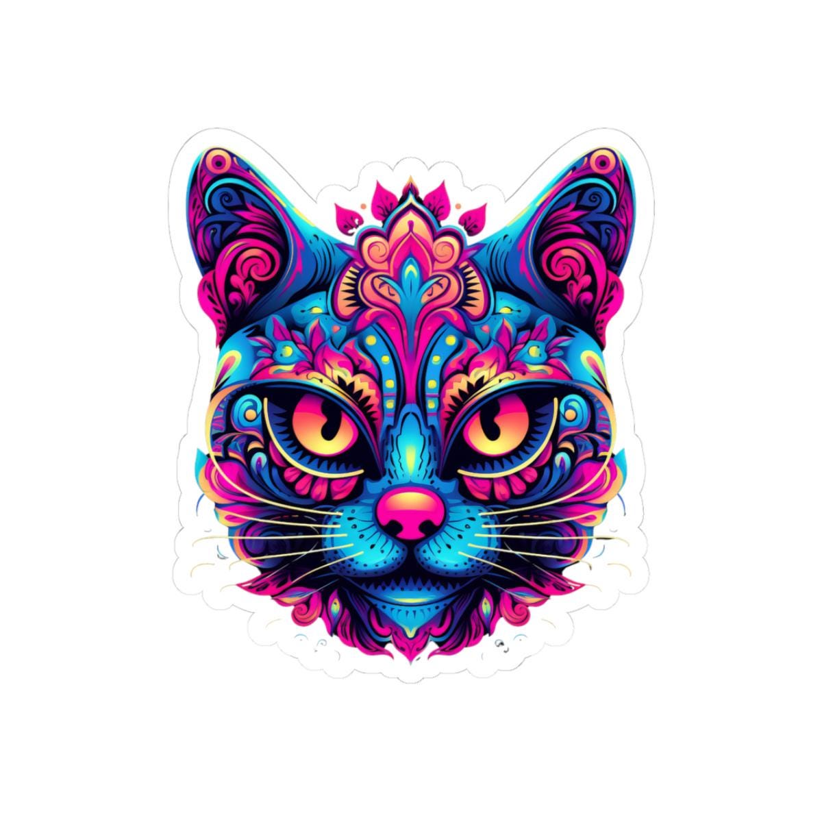 Psychedelic Cat Sticker Neon Rainbow Feline Art Boho Trippy Design