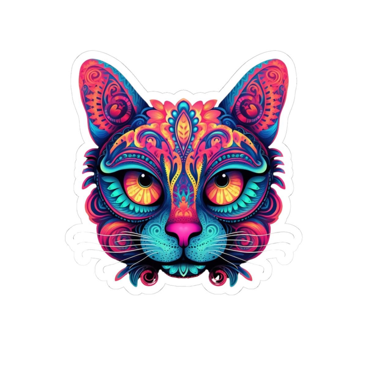 Trippy Cat Sticker Neon Floral Psychedelic Vinyl Decal