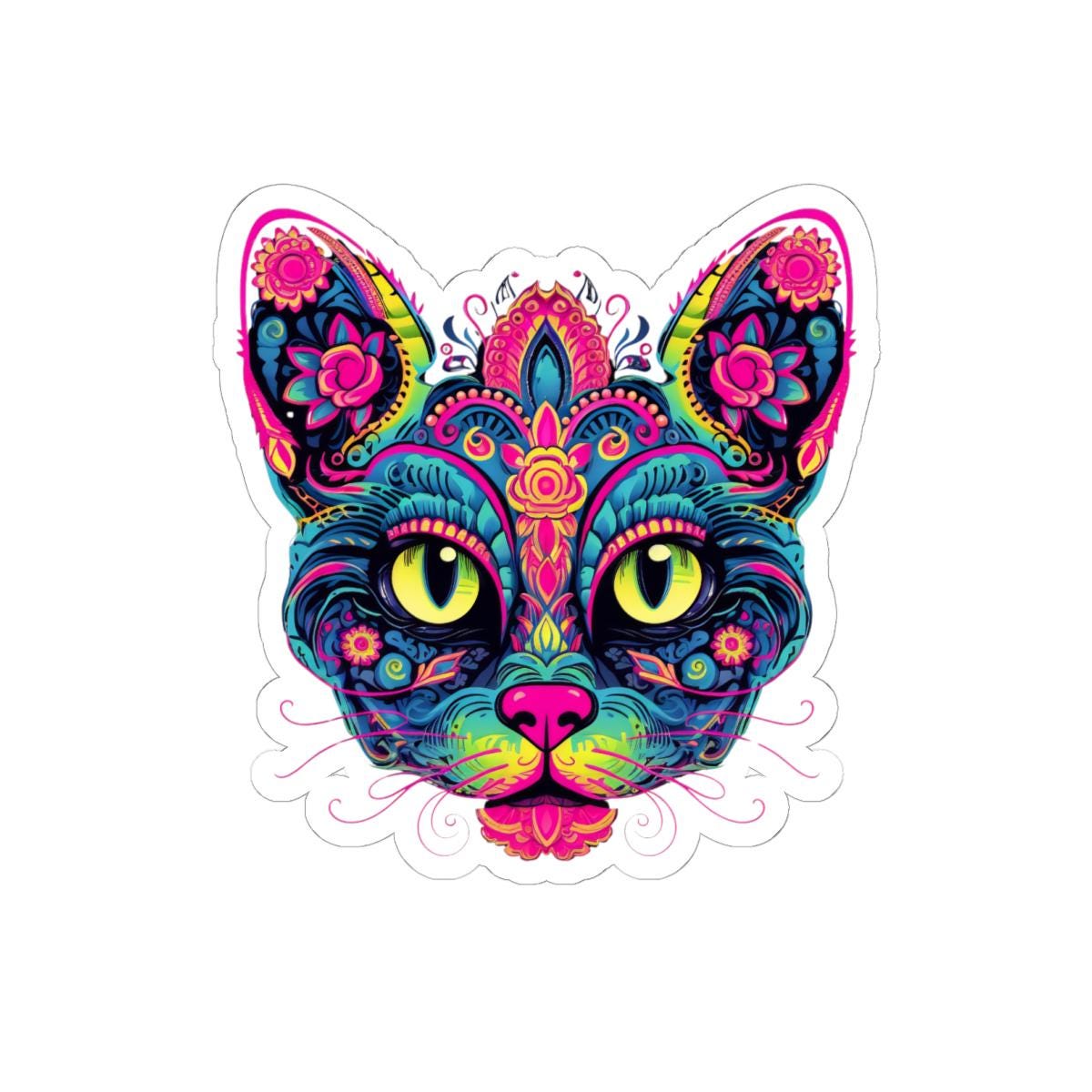 Psychedelic Cat Sticker Floral Boho Vinyl Decal for Wall Decor