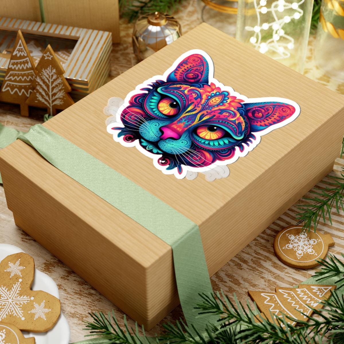 Trippy Cat Sticker Neon Floral Psychedelic Vinyl Decal