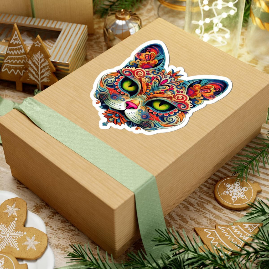 Psychedelic Mandala Cat Sticker Vibrant Floral Trippy Vinyl Decal