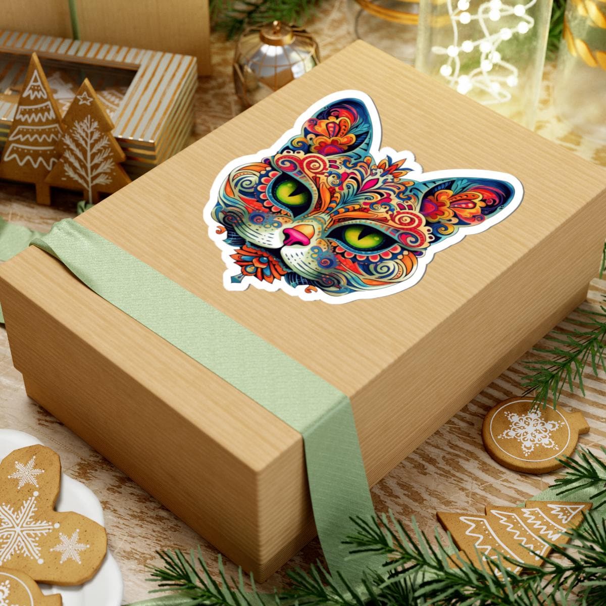 Psychedelic Mandala Cat Sticker Vibrant Floral Trippy Vinyl Decal