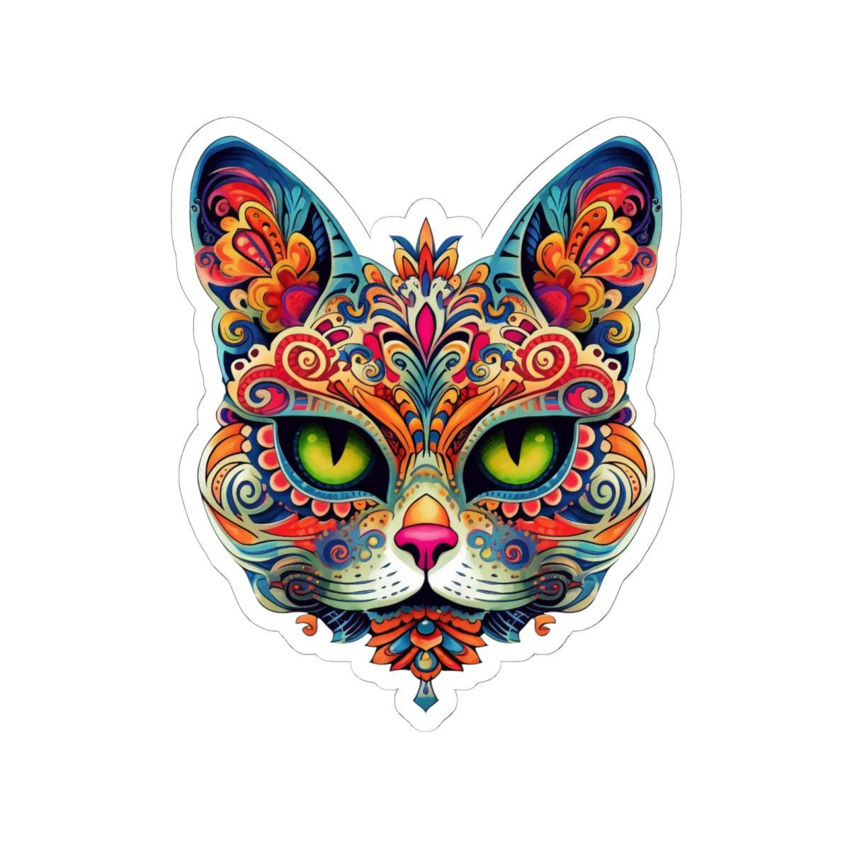 Psychedelic Mandala Cat Sticker Vibrant Floral Trippy Vinyl Decal